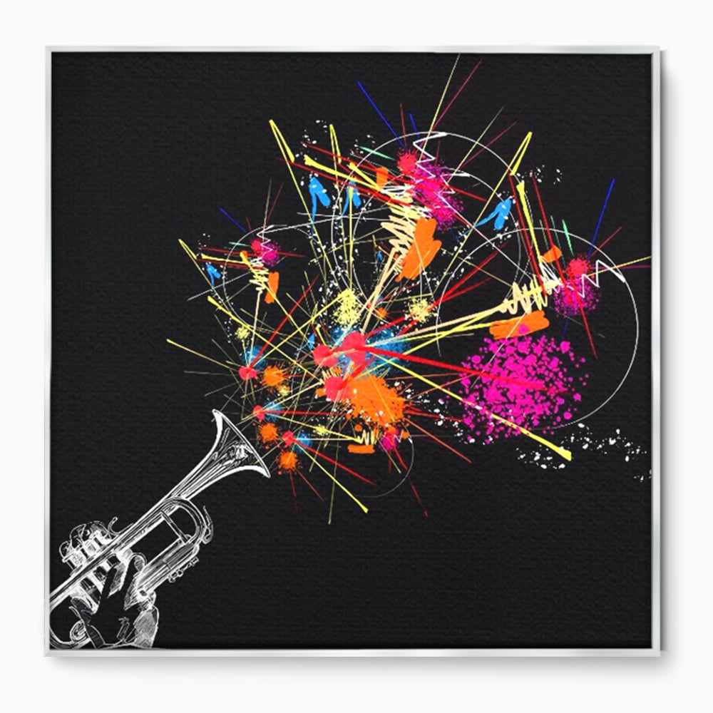 Tablou canvas cu ilustratie digitala cu trompeta si explozie de culori, in rama de aluminiu argintiu
